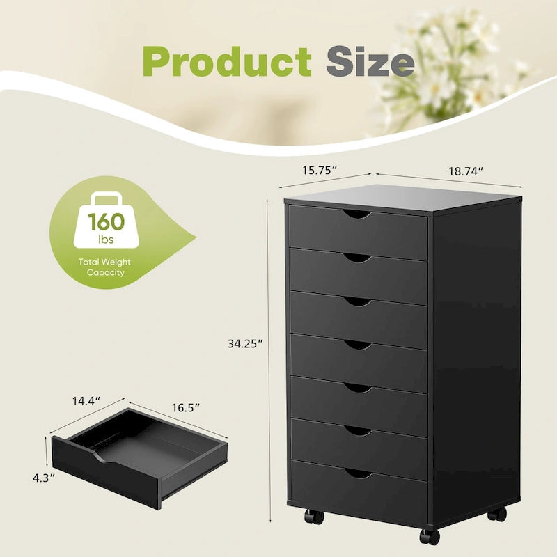 Archivador vertical de 7 cajones, cómoda móvil con ruedas para almacenamiento