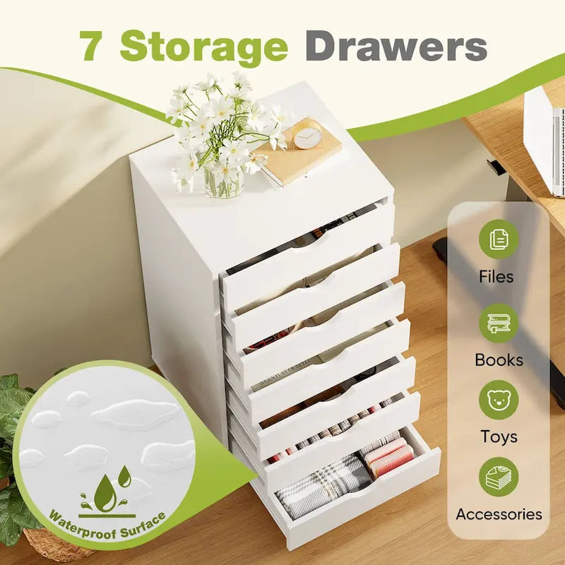 Archivador vertical de 7 cajones, cómoda móvil con ruedas para almacenamiento