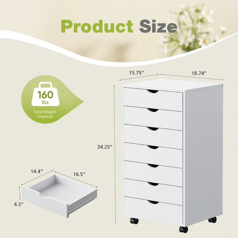 Archivador vertical de 7 cajones, cómoda móvil con ruedas para almacenamiento