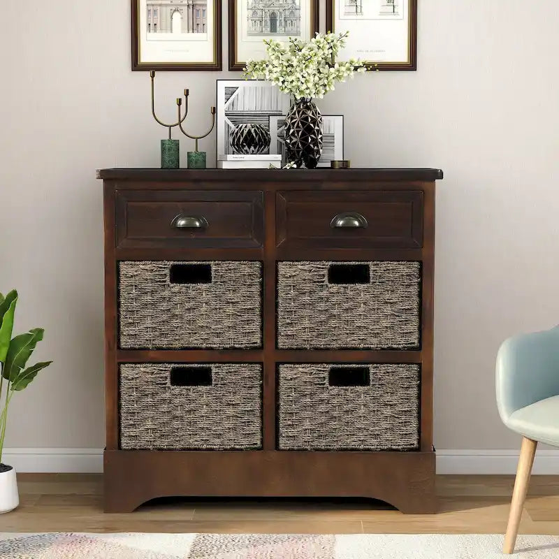 Mueble de almacenamiento rústico con dos cajones y cuatro cestas clásicas de ratán para comedor y sala