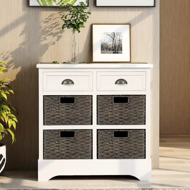 Mueble de almacenamiento rústico con dos cajones y cuatro cestas clásicas de ratán para comedor y sala