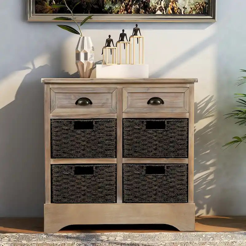 Mueble de almacenamiento rústico con dos cajones y cuatro cestas clásicas de ratán para comedor y sala