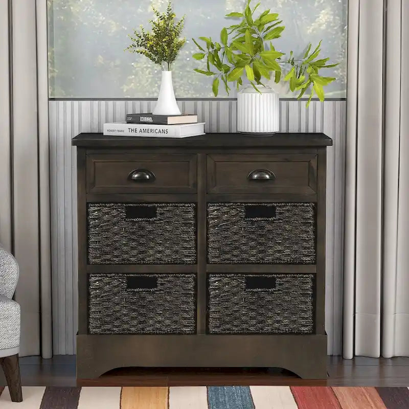 Mueble de almacenamiento rústico con dos cajones y cuatro cestas clásicas de ratán para comedor y sala