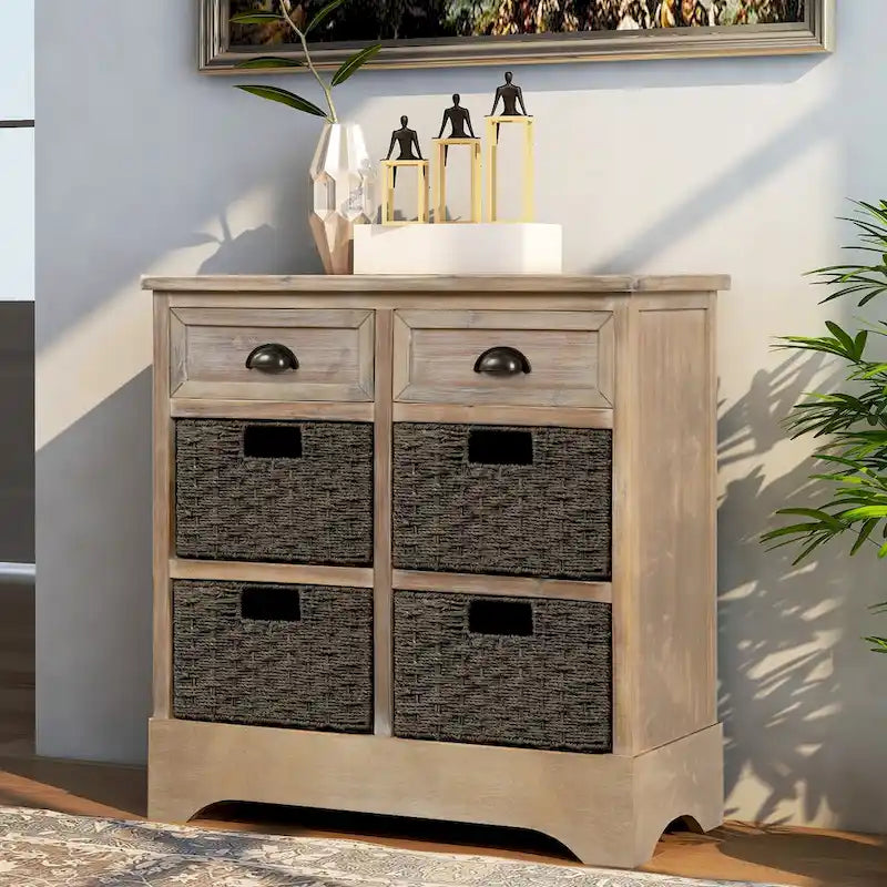 Mueble de almacenamiento rústico con dos cajones y cuatro cestas clásicas de ratán para comedor y sala