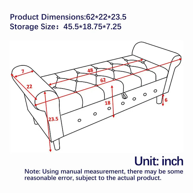 Banc de rangement capitonné à boutons pour chambre de 62