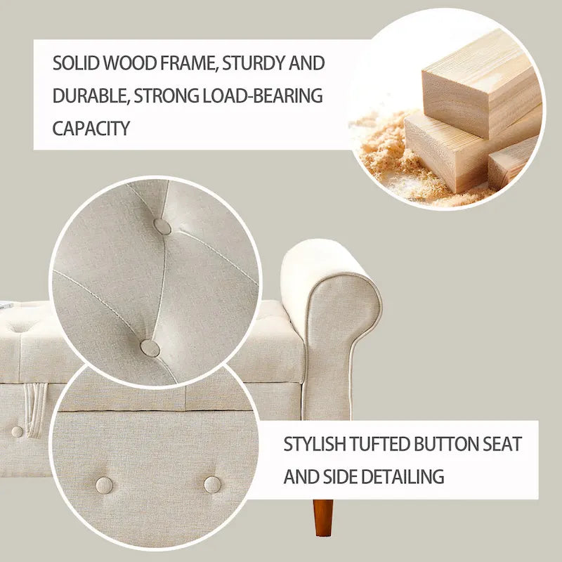 Banc de rangement capitonné à boutons pour chambre de 62