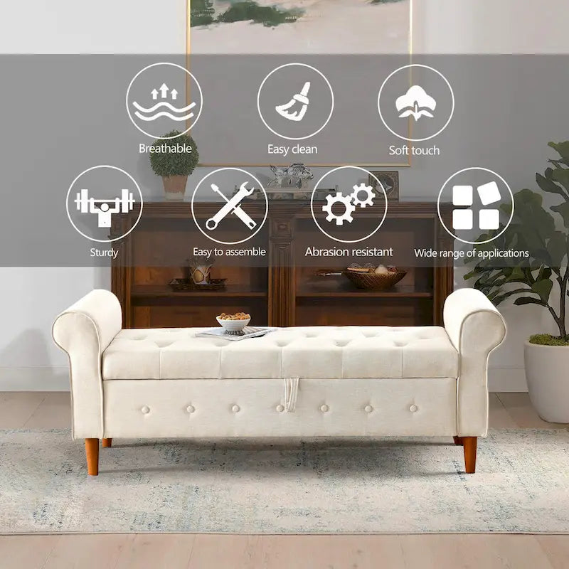 Banc de rangement capitonné à boutons pour chambre de 62