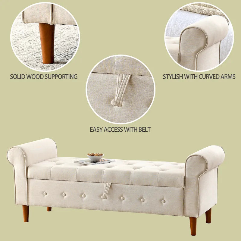 Banc de rangement capitonné à boutons pour chambre de 62