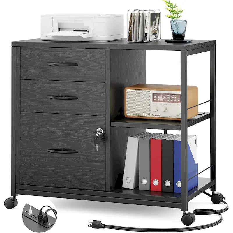 3 Drawer Wood File Cabinet with Socket Rolling Lateral Locking