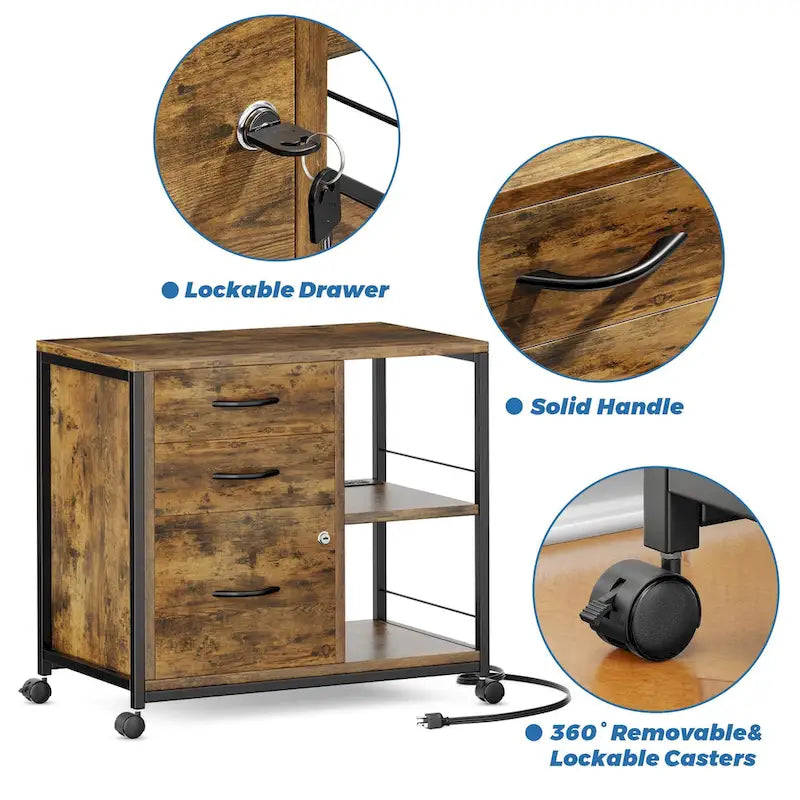 3 Drawer Wood File Cabinet with Socket Rolling Lateral Locking