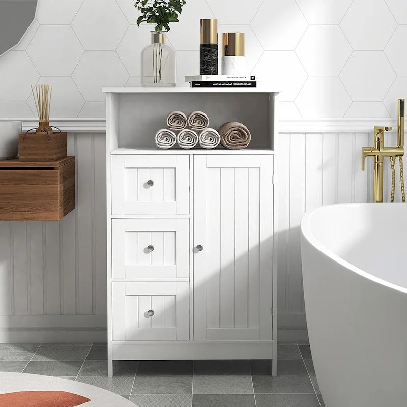 Organizador de madera con 1 estante y 3 cajones, armario de almacenamiento para baño