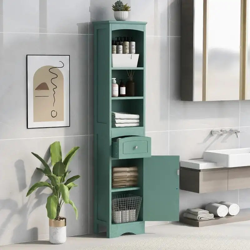 67 Tall Bathroom Cabinet, Freestanding Storage Cabinet with Drawer, MDF Board, Adjustable Shelf, Green