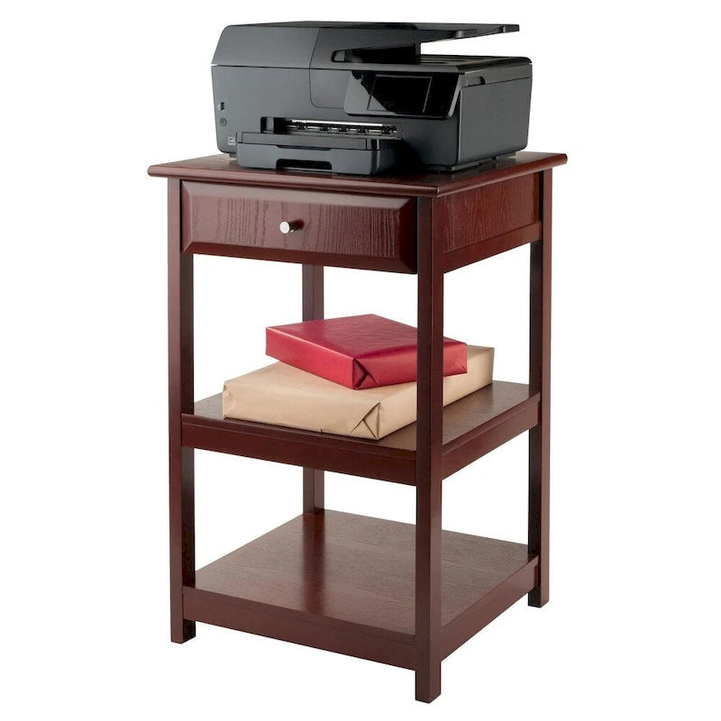 Mesa para impresora de nogal con 1 cajón y 2 estantes