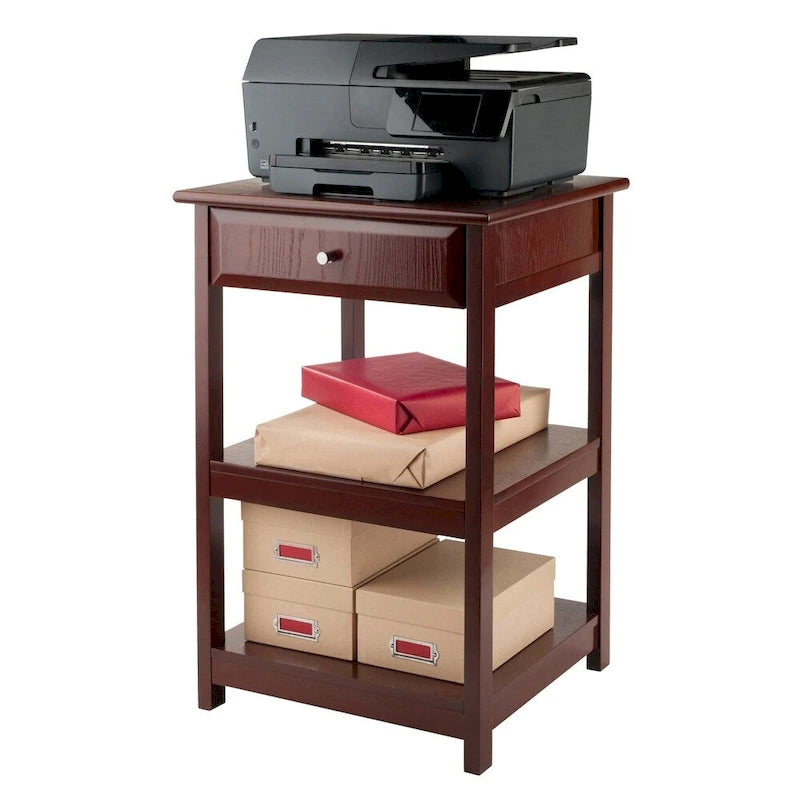 Walnut Printer Table with 1 Drawer and 2 Shelves