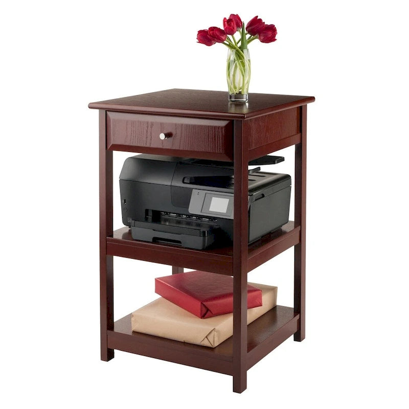 Walnut Printer Table with 1 Drawer and 2 Shelves