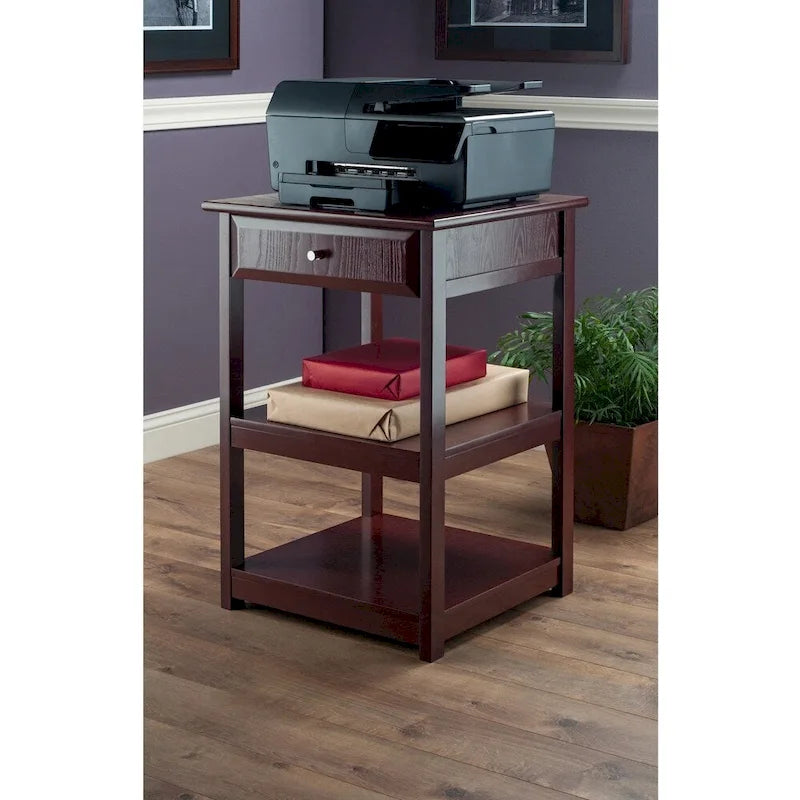 Walnut Printer Table with 1 Drawer and 2 Shelves