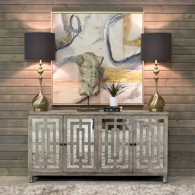 Sideboard mit 4 Türen, grauer Waschoptik und abgeschrägten Spiegeln