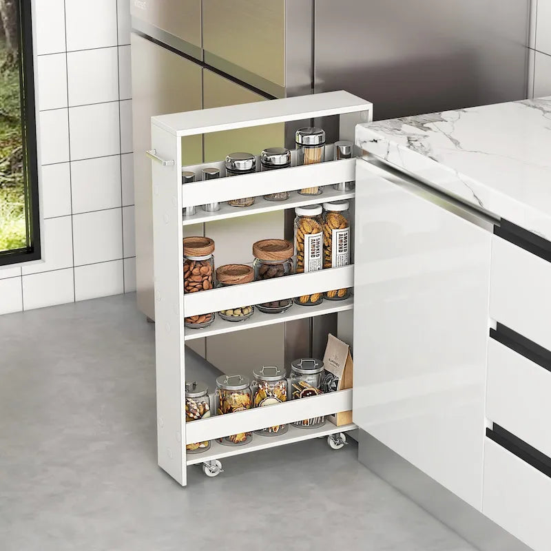 Carrito de almacenamiento estrecho con ruedas y estantes para cocina y baño