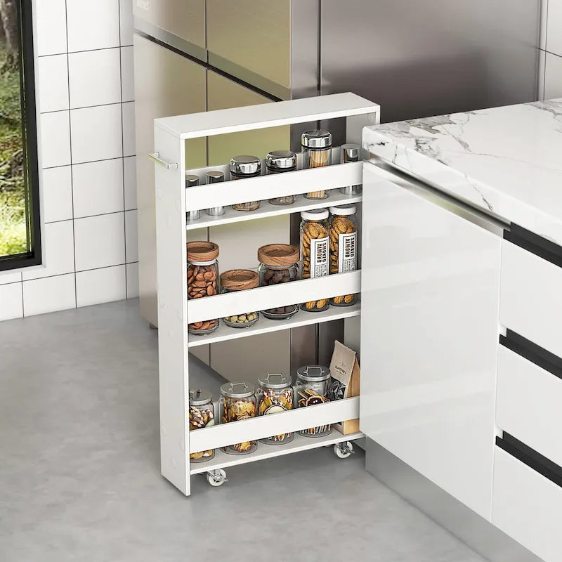 Carrito de almacenamiento estrecho con ruedas y estantes para cocina y baño