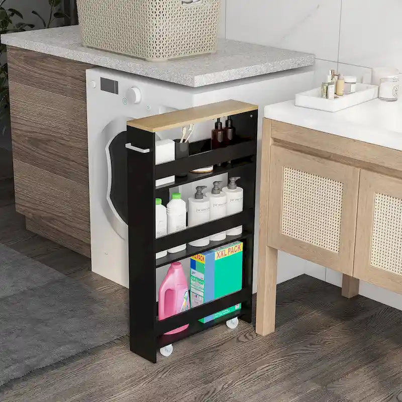 Carrito de almacenamiento estrecho con ruedas y estantes para cocina y baño