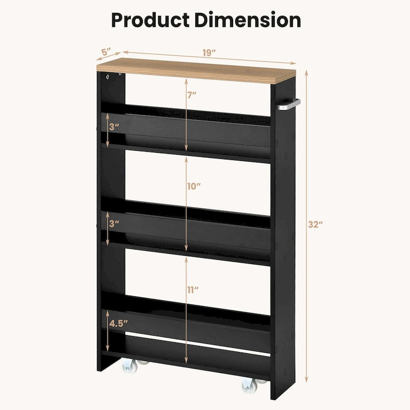 Carrito de almacenamiento estrecho con ruedas y estantes para cocina y baño