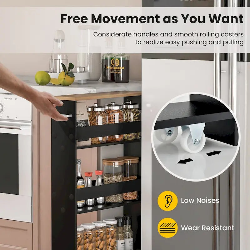 Carrito de almacenamiento estrecho con ruedas y estantes para cocina y baño