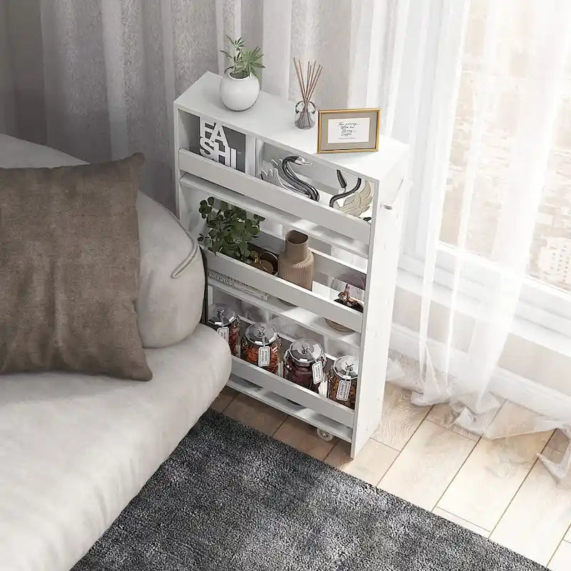 Carrito de almacenamiento estrecho con ruedas y estantes para cocina y baño