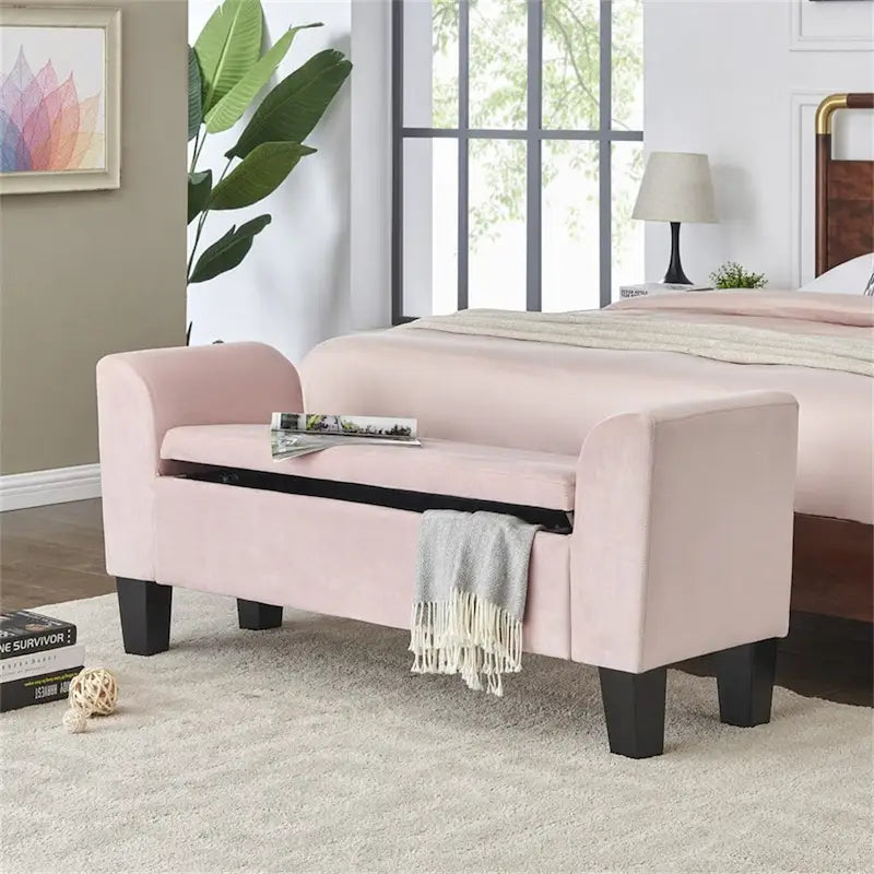 Velvet Ottoman Bench with Storage and Curved Arms