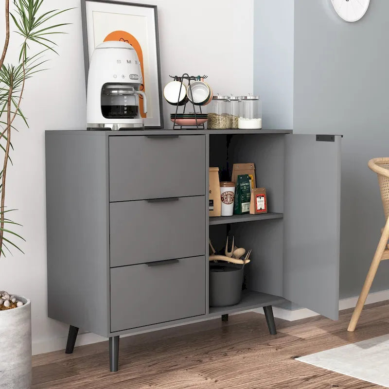 Storage Cabinet with 3 Drawers & Adjustable Shelf, Mid Century Cabinet with Door, Accent Cabinet