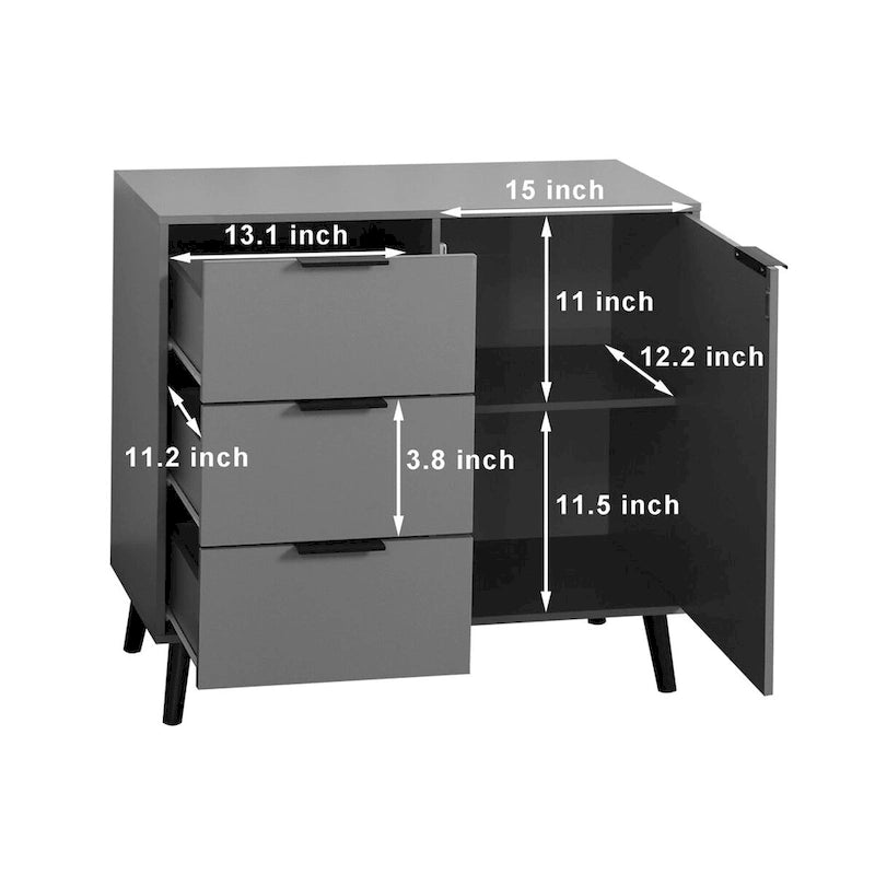 Storage Cabinet with 3 Drawers & Adjustable Shelf, Mid Century Cabinet with Door, Accent Cabinet