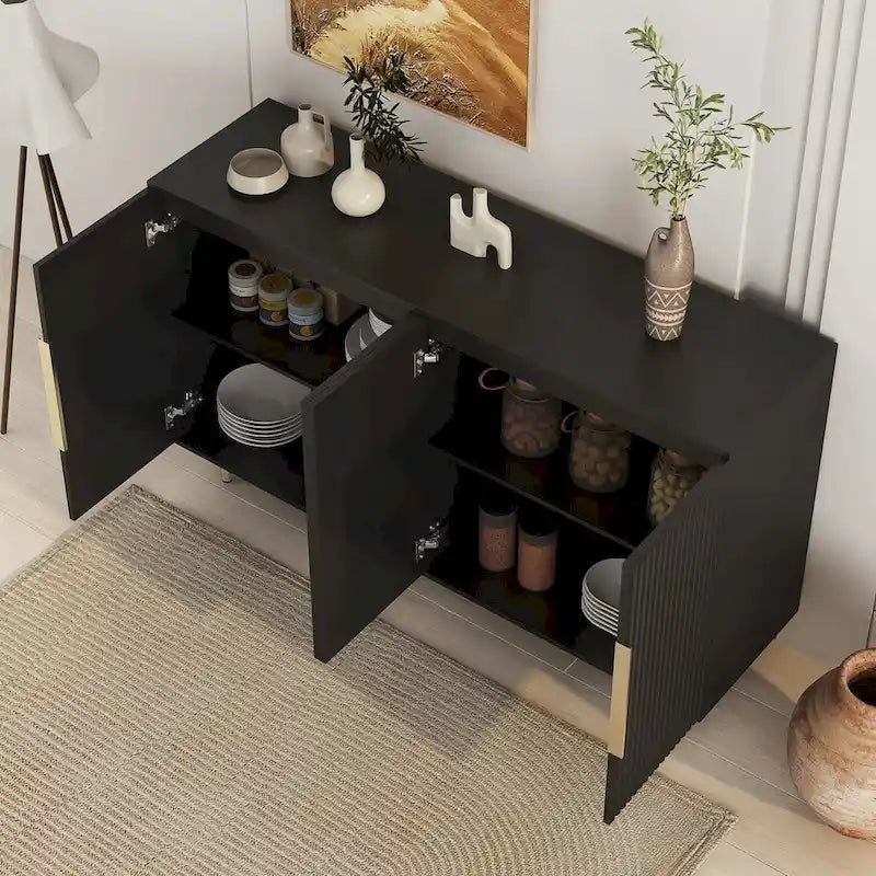 Credenza moderna bianca con contenitore, grande credenza scanalata con ripiani regolabili, mobile consolle decorativo