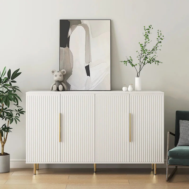 Credenza moderna bianca con contenitore, grande credenza scanalata con ripiani regolabili, mobile consolle decorativo