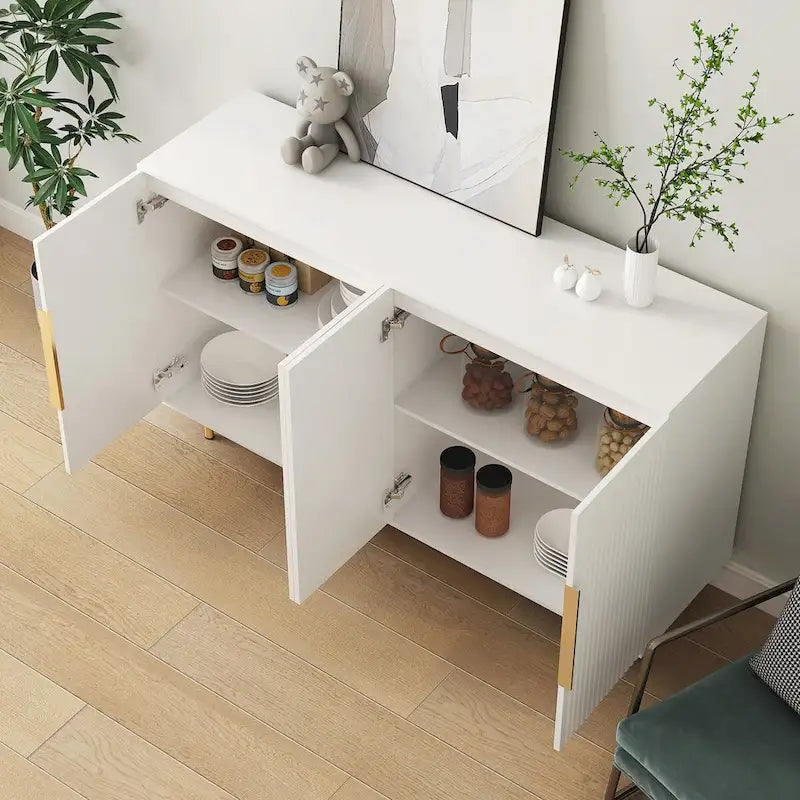 Credenza moderna bianca con contenitore, grande credenza scanalata con ripiani regolabili, mobile consolle decorativo