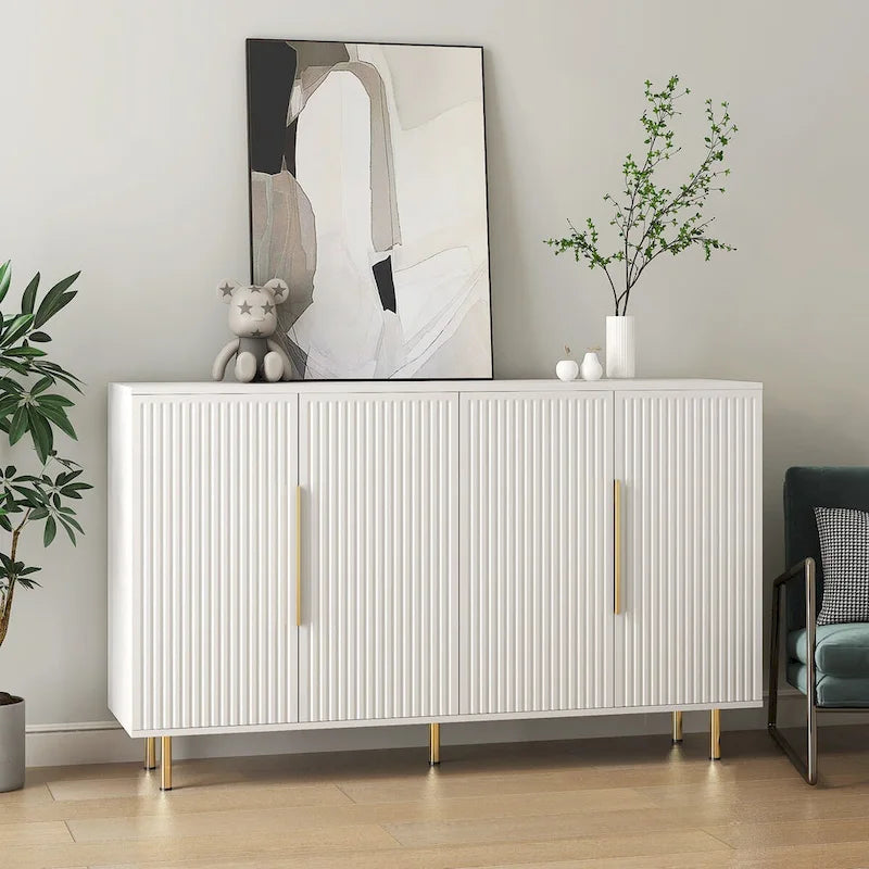 Credenza moderna bianca con contenitore, grande credenza scanalata con ripiani regolabili, mobile consolle decorativo