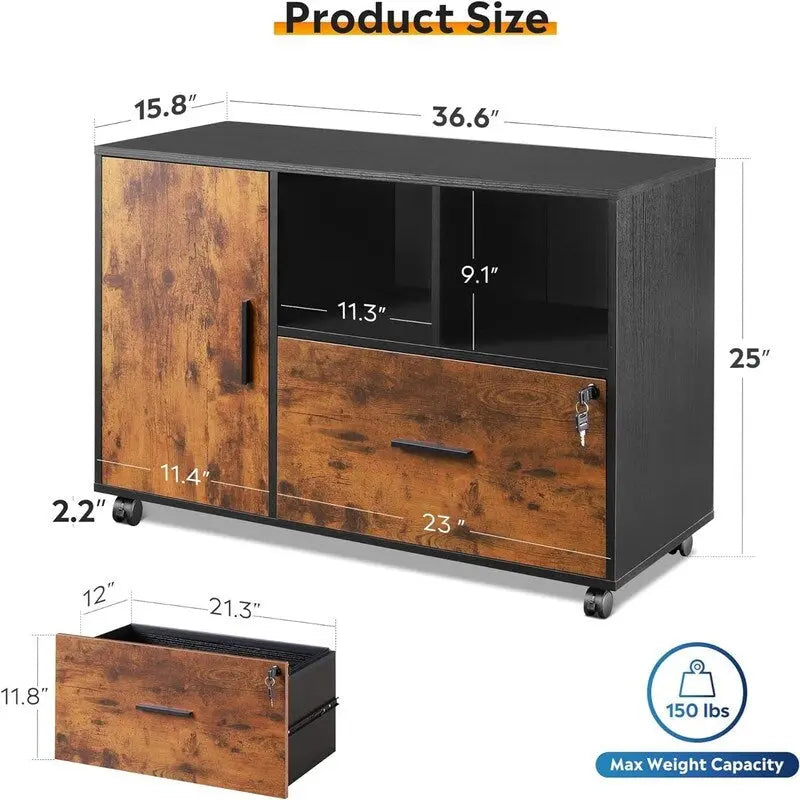 Houten laterale archiefkast met 1 lade - 15.8D x 36.6W x 25H
