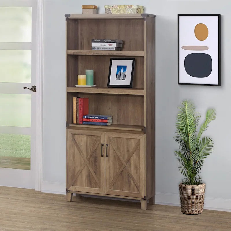 Oxford Farmhouse Rustic Oak 2-Door Bookcase - 12W x 30.7D x 67.4H