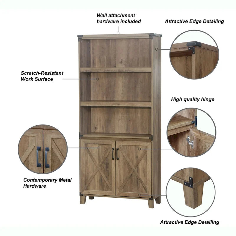 Librería rústica estilo granja de roble con 2 puertas - 12W x 30.7D x 67.4H