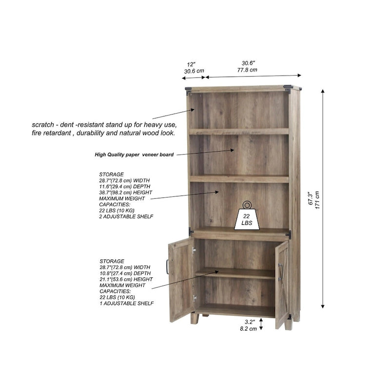Libreria rustica in rovere stile rustico con 2 ante - 12W x 30.7D x 67.4H
