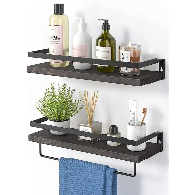 Estante flotante de baño marrón oscuro con toallero para baño/sala de estar/cocina/dormitorio (juego de 2)