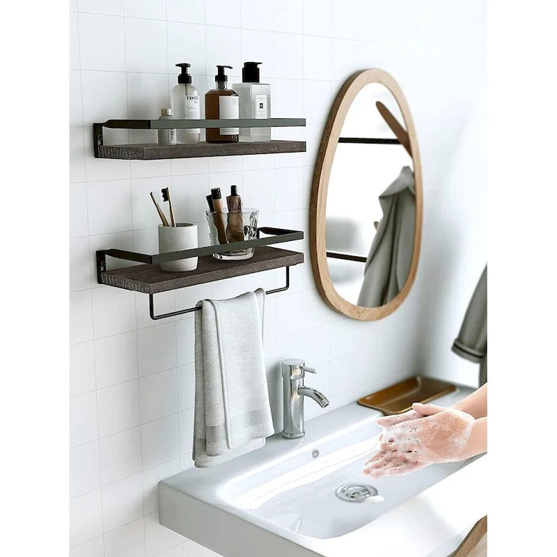 Estante flotante de baño marrón oscuro con toallero para baño/sala de estar/cocina/dormitorio (juego de 2)